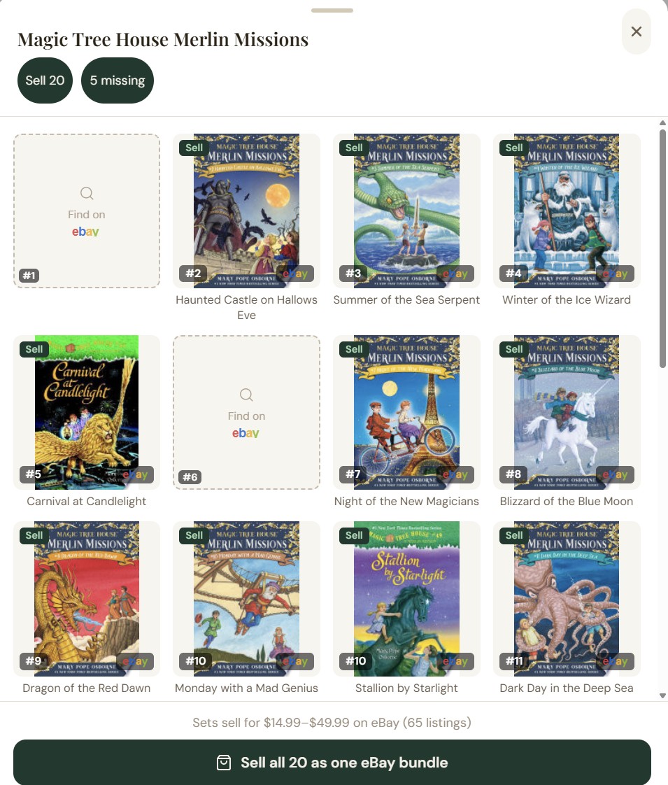 TroveScore Series Collection sheet for Magic Tree House Merlin Missions, showing owned books in a grid with gap slots for missing entries and a 'Sell all 20 as one eBay bundle' button.